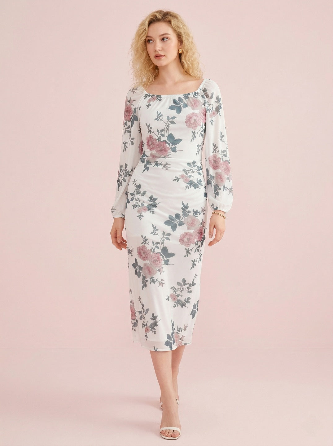 Women White Floral Digital Print Western Dress | Lycra Bodycon Midi Dress for Party & Casual Wear