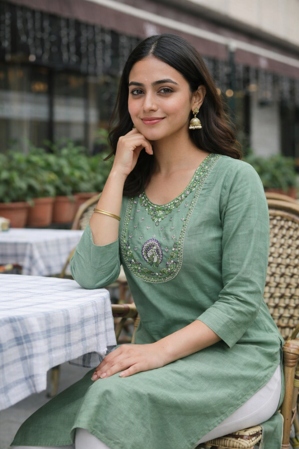 Women's Sage Green Embroidered Straight Kurti | Elegant Ethnic Kurta for Women | Stylish Casual & Office Wear Kurti