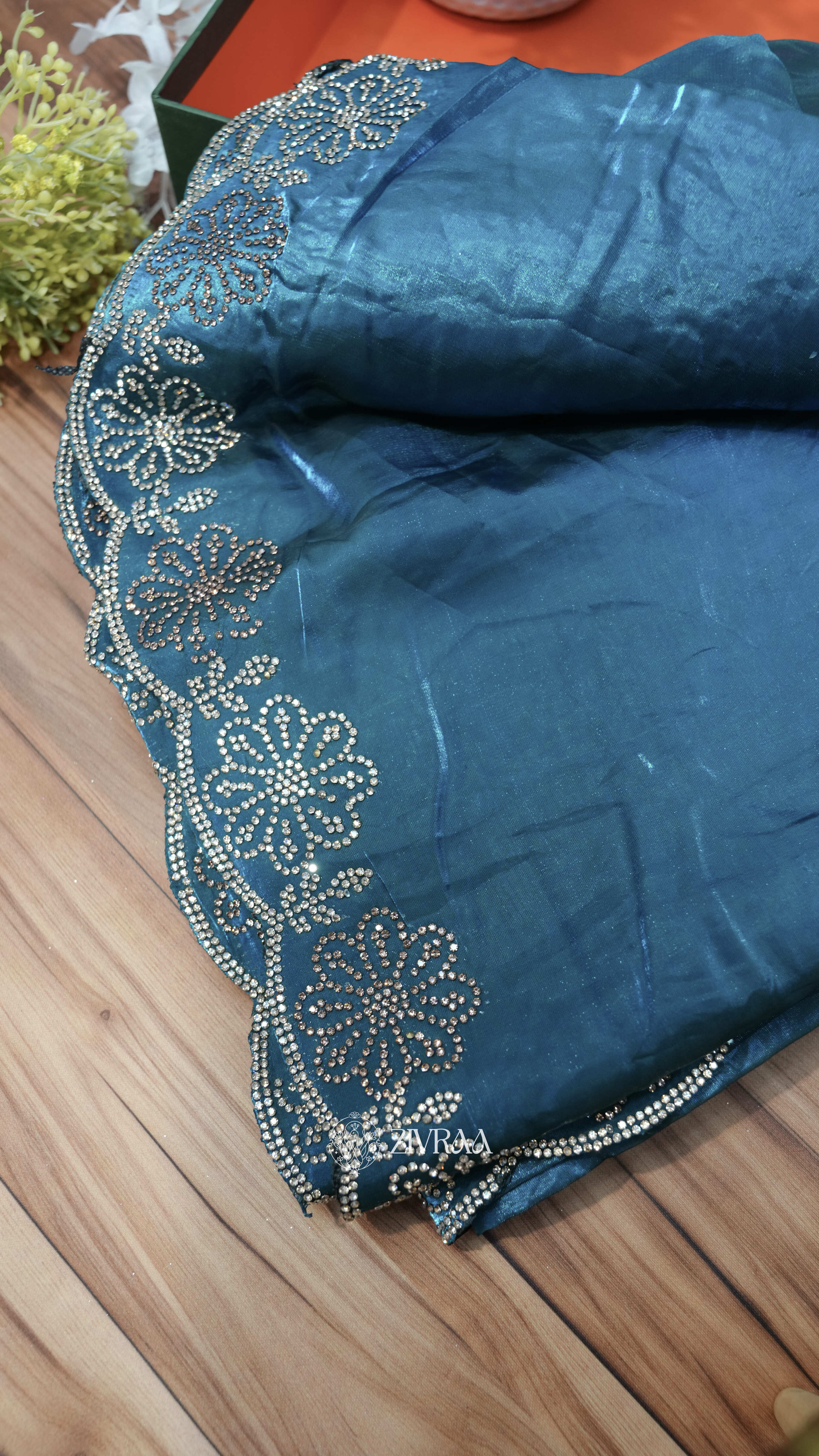 Elegant Teal Blue Fendi Silk Saree with Floral Stone Border