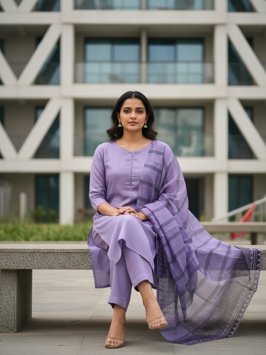 Purple 3 Piece Kurta Set for Women with Printed Dupatta | Elegant Straight Kurti Pant Set | Office Wear, Festive Wear & Daily Wear Ethnic Suit