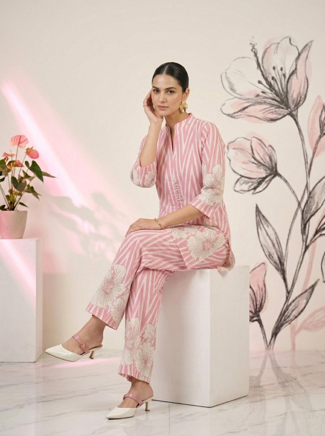 Pink Floral Cotton Co-Ord Set for Women | Striped Top & Straight Pant | Festive & Casual Wear