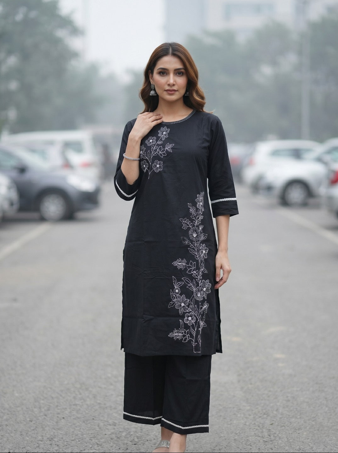 Women’s Black Cotton Kurta Set with White Floral Embroidery | Elegant Straight Kurta Set with Floral Thread Work