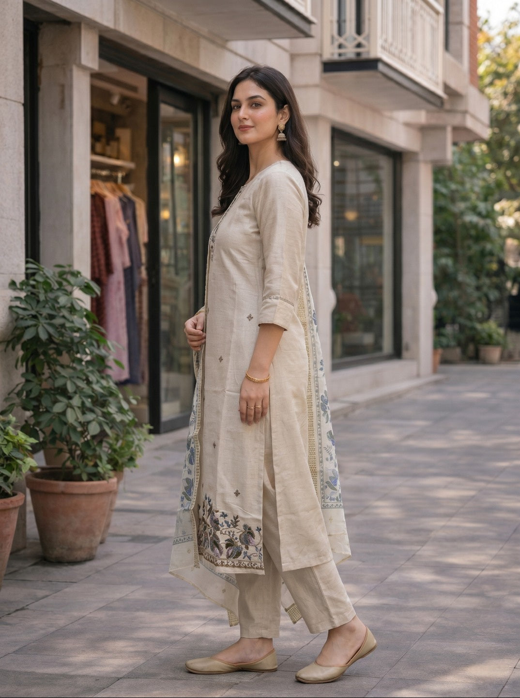 Women Offwhite Embroidered Vartican Silk Kurta Set With Dupatta | Ethnic 3 Piece Festive Suit Set