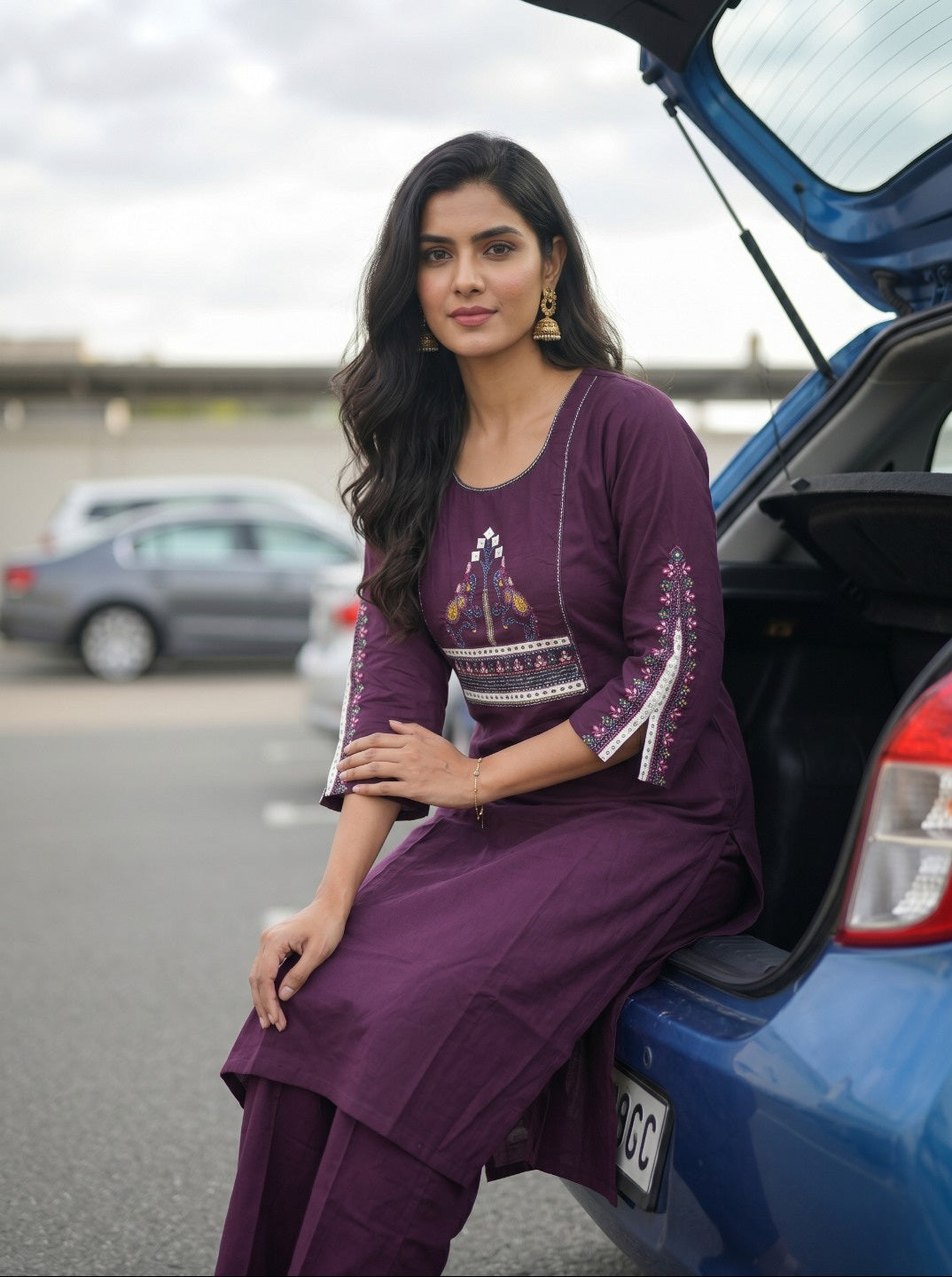 Royal Wine Cotton Embroidered Kurta Pant Set | Elegant Ethnic Cotton Kurta Set for Daily & Festive Wear