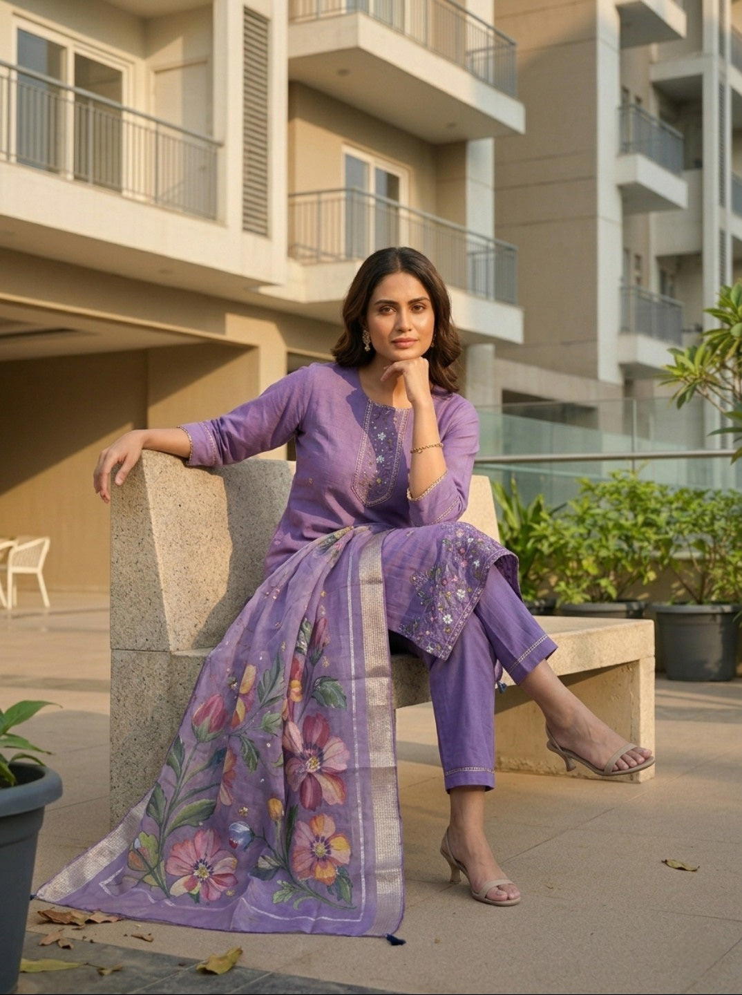 Lavender Roman Silk Embroidered Kurta Pant Set with Floral Organza Chanderi Dupatta | Elegant Ethnic Wear for Women