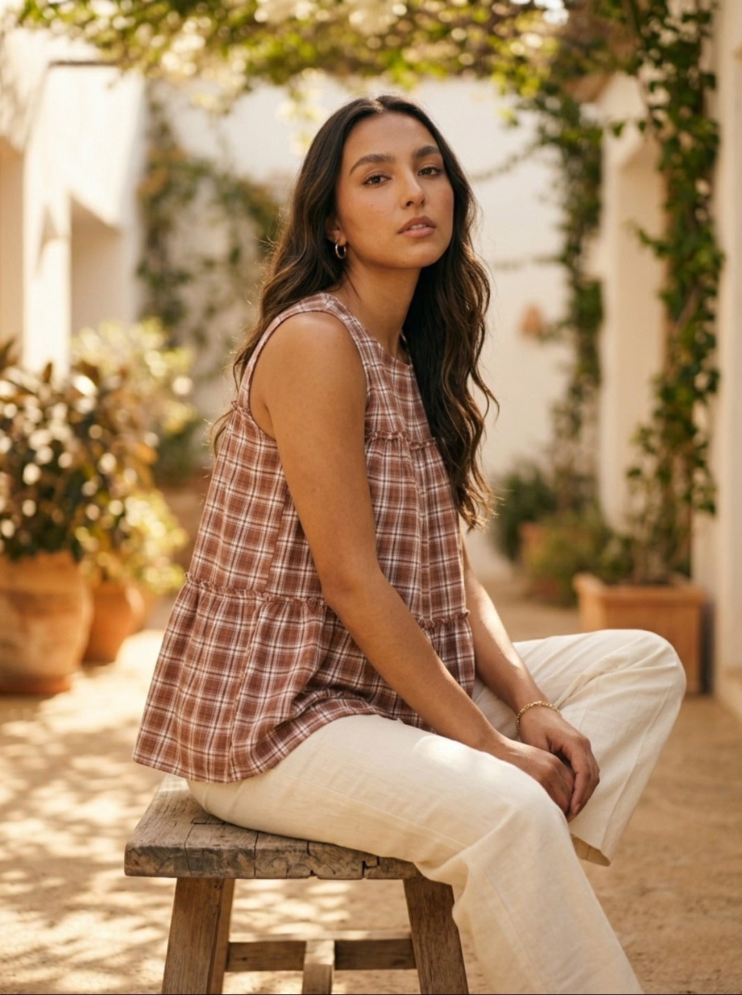 Women's Premium Linen Cotton Co-Ord Set | Sleeveless Checked Summer Co-Ord Set with Relaxed Pants | Casual Chic Everyday Wear