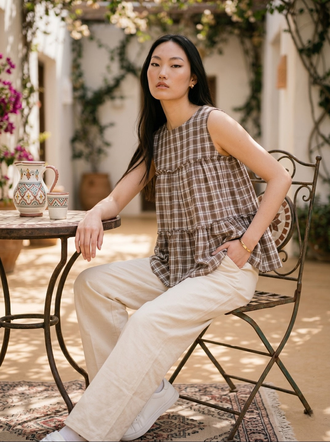 Women's Stylish Linen Cotton Co-Ord Set | Sleeveless Tiered Top with Straight Pant | Trendy Casual Summer Outfit