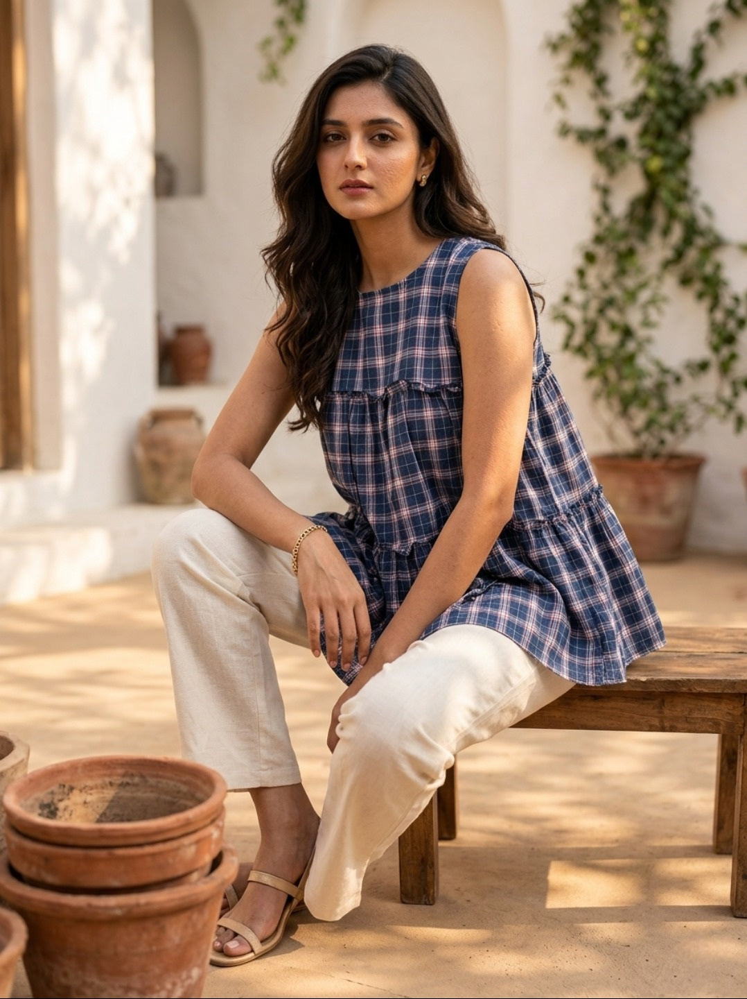 Women's Trending Linen Cotton Checked Co-Ord Set | Sleeveless Tiered Top & Relaxed Pant | Trendy Casual Co-Ord Set Outfit