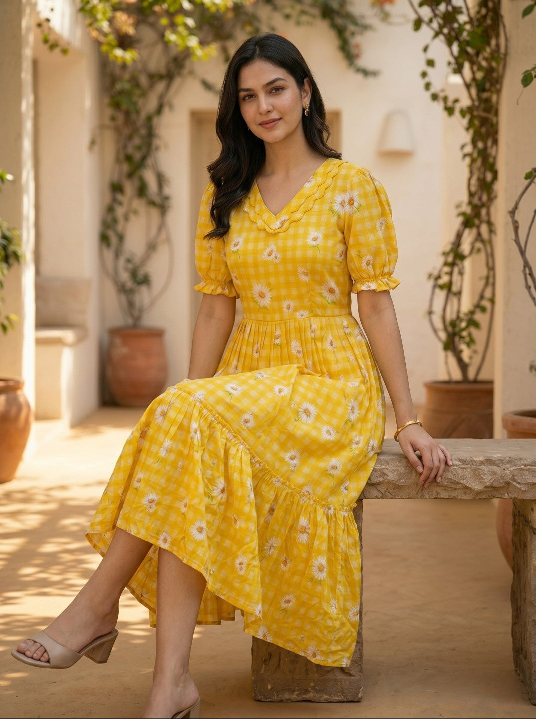 Women’s Sunshine Yellow Muslin Silk Gingham Print Floral Midi Kurta | Elegant Summer Casual Dress for Women