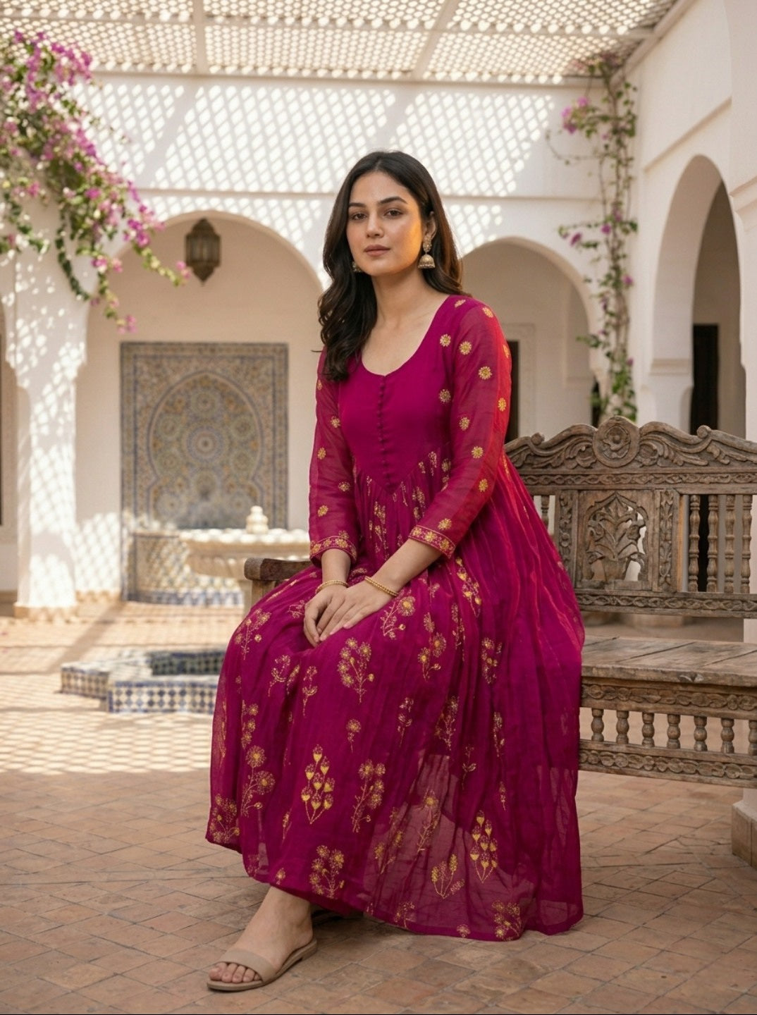 Premium Floral Printed Mal Chanderi Kurta Set for Women with Roman Silk Pant | Elegant Festive & Ethnic Wear