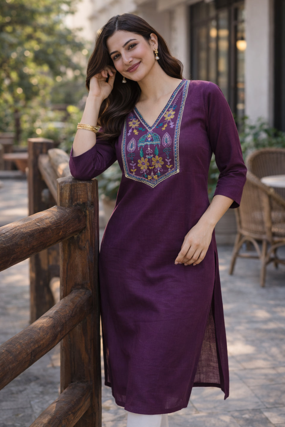 Women Purple Embroidered Straight Kurti | Stylish V-Neck Ethnic Kurta for Women | Casual Office Wear Long Kurti