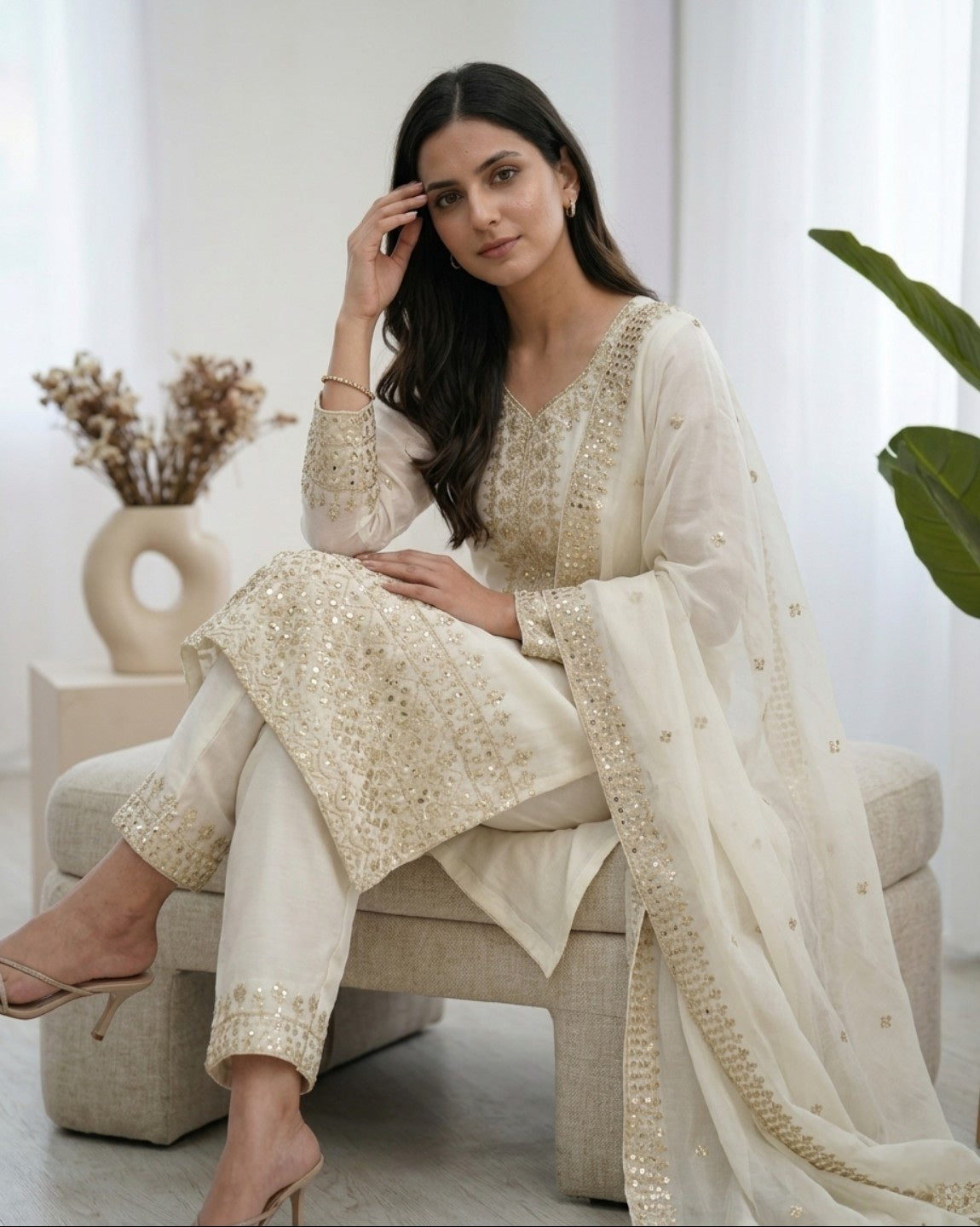 Off White Chinon Silk Embroidered Kurta Set with Dupatta | Straight Fit Ethnic Suit for Women | Festive & Party Wear