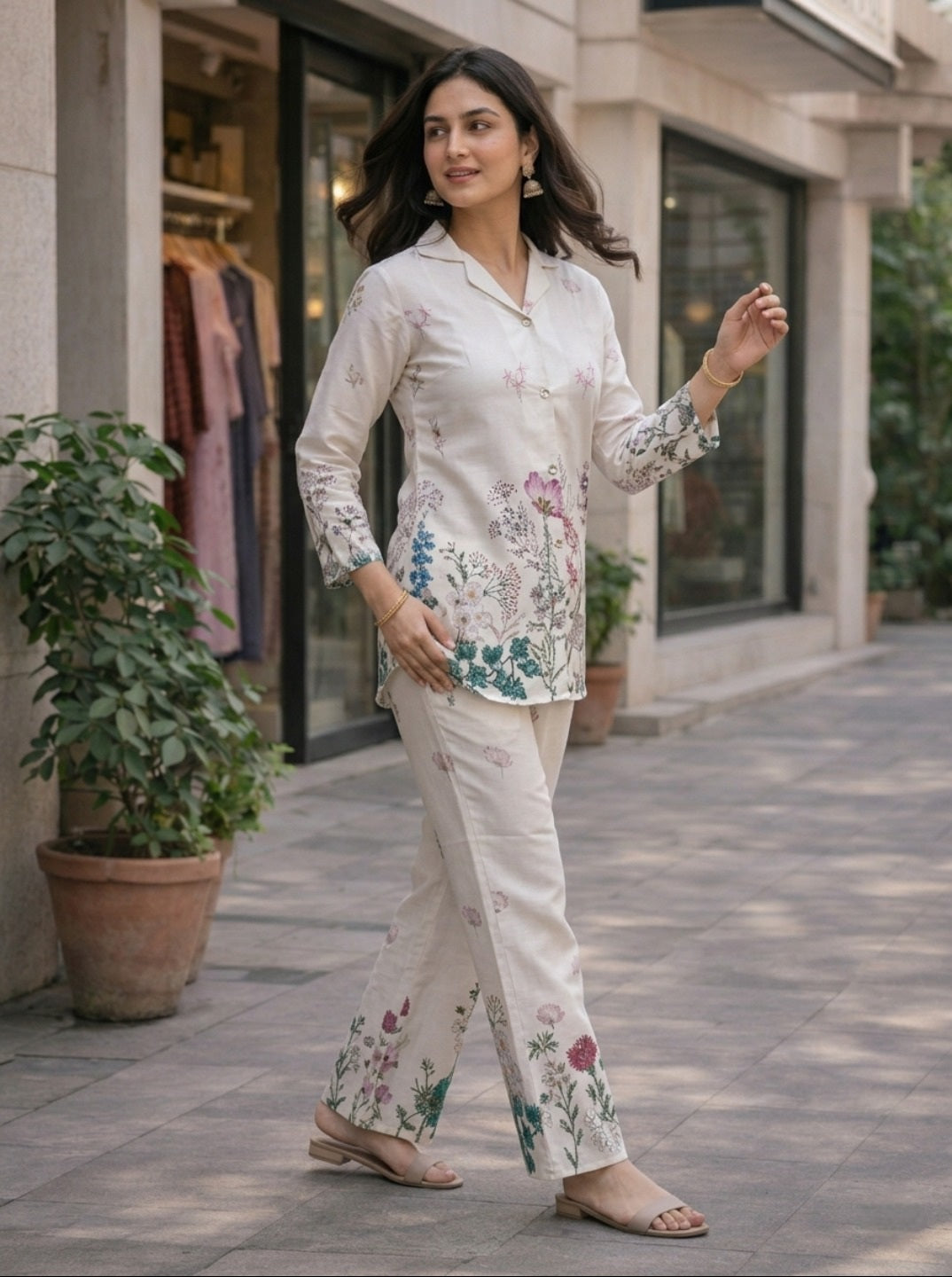 Off White Floral Printed Co-ord Set for Women | Rayon Slub Shirt & Pant Set | Casual Elegant Two Piece Outfit