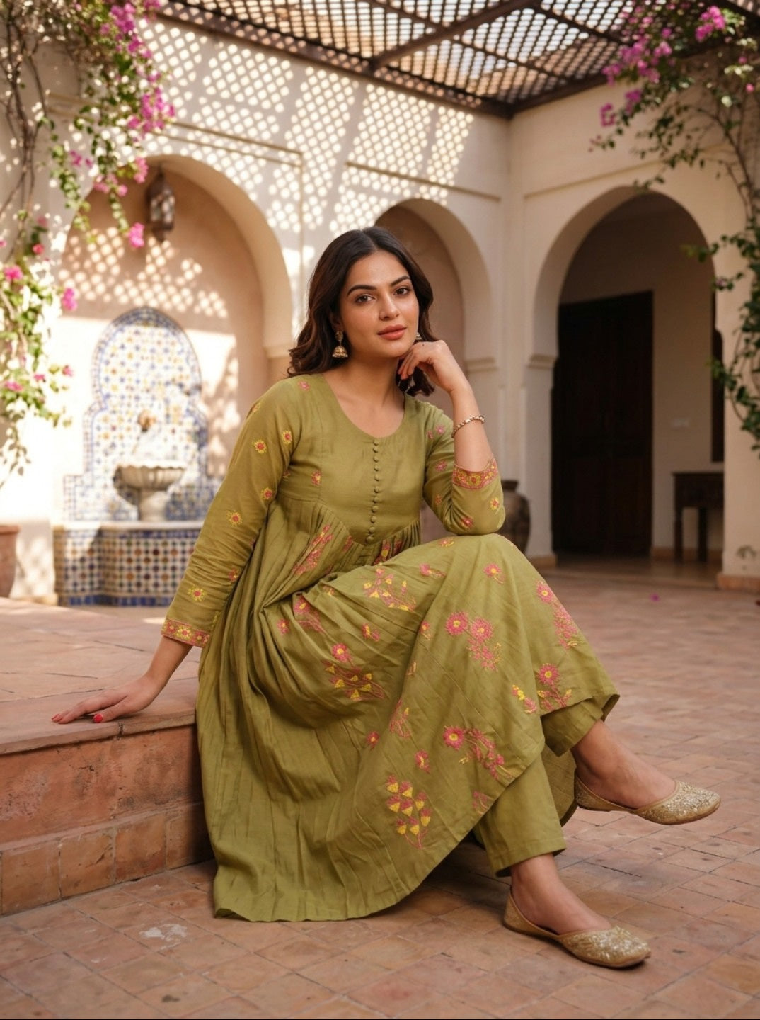 Premium Floral Printed Mal Chanderi Kurta Set for Women with Roman Silk Pant | Elegant Festive & Ethnic Wear