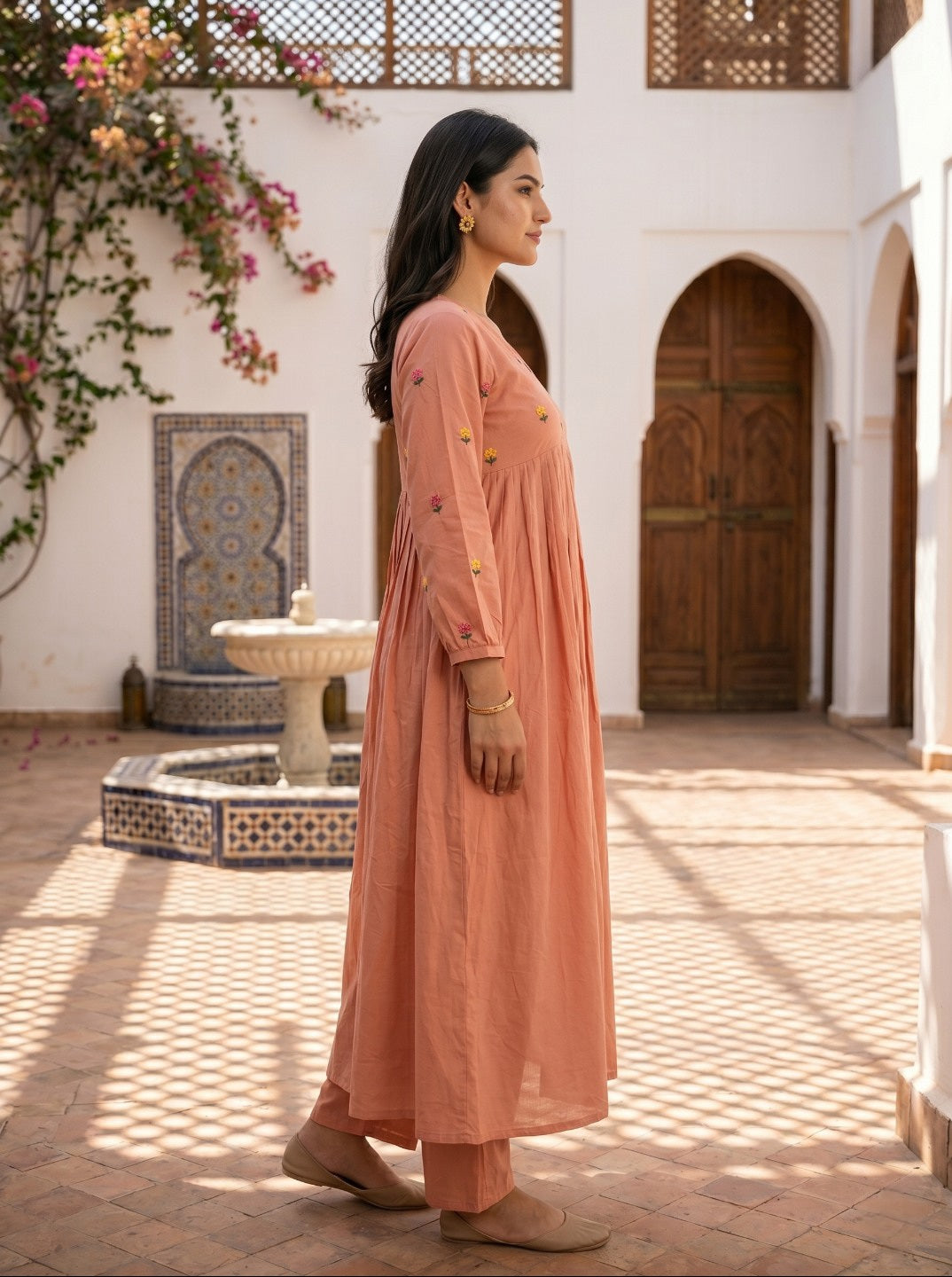 Women Pure Cotton Floral Embroidered A-Line Anarkali Kurta with Straight Pants | Summer Kurta Set