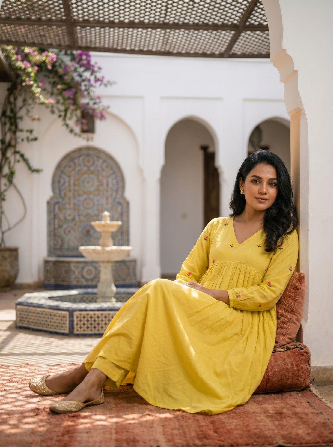 Women Pure Cotton Floral Embroidered A-Line Anarkali Kurta with Straight Pants | Summer Kurta Set