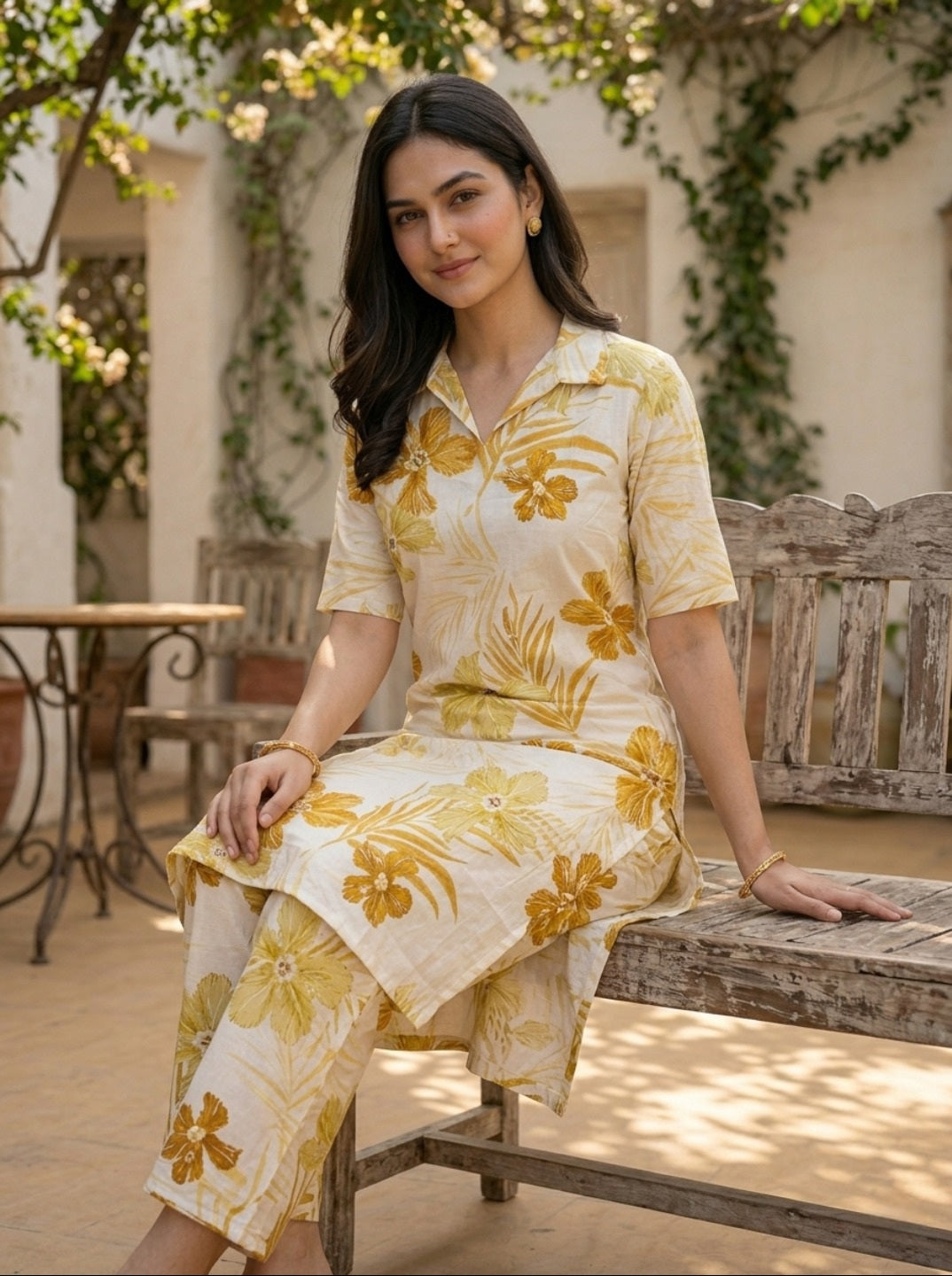 Mustard Floral Printed Vartican Silk Co-Ord Set for Women | Premium Summer Co-Ord Set with Collar Neck & Straight Pant