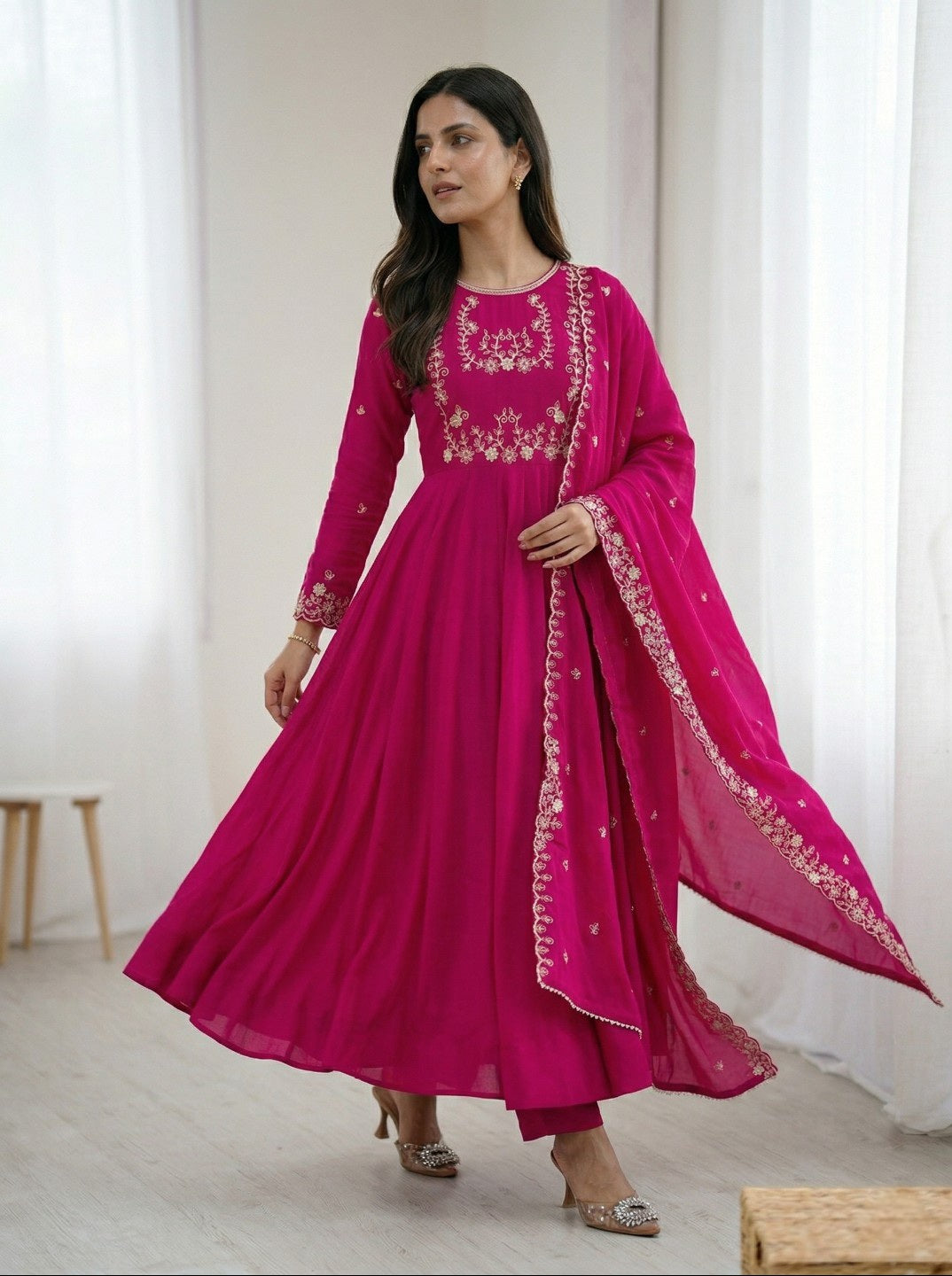 Dark Pink Anarkali Kurta Set with Dupatta & Pant | Roman Chanderi Silk Fully Flared Ethnic Wear for Women | Festive & Wedding Collection