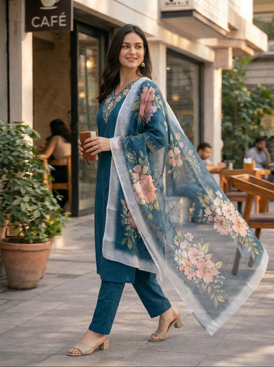 Women Rayon Slub Kurta Set with Chanderi Floral Digital Print Dupatta | Elegant Ethnic Suit Set