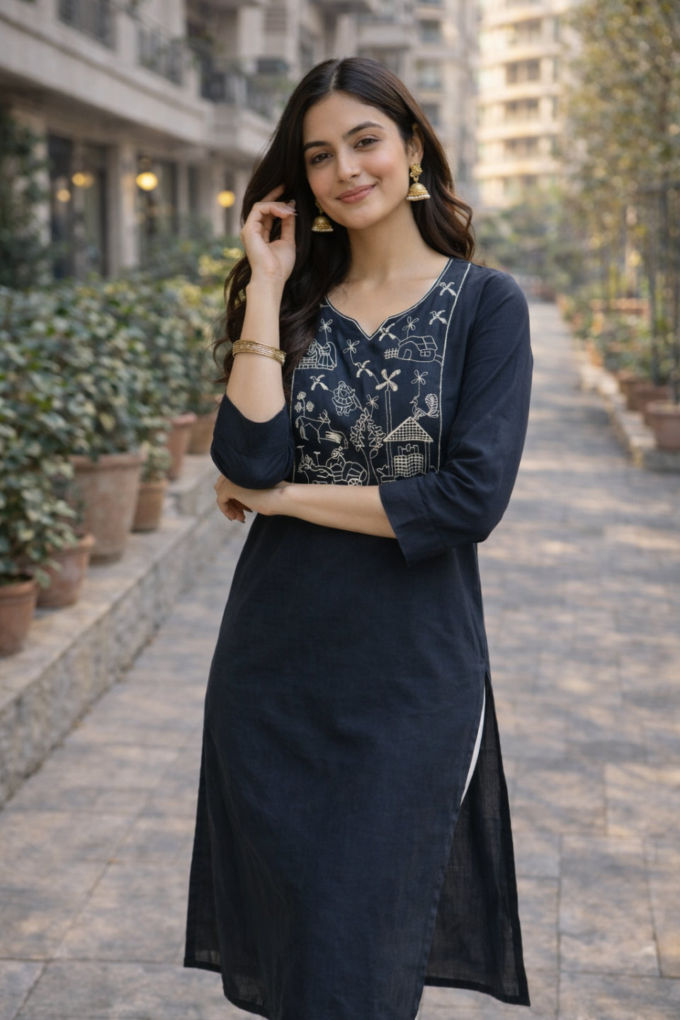 Black Embroidered Straight Kurti for Women V-Neck Style
