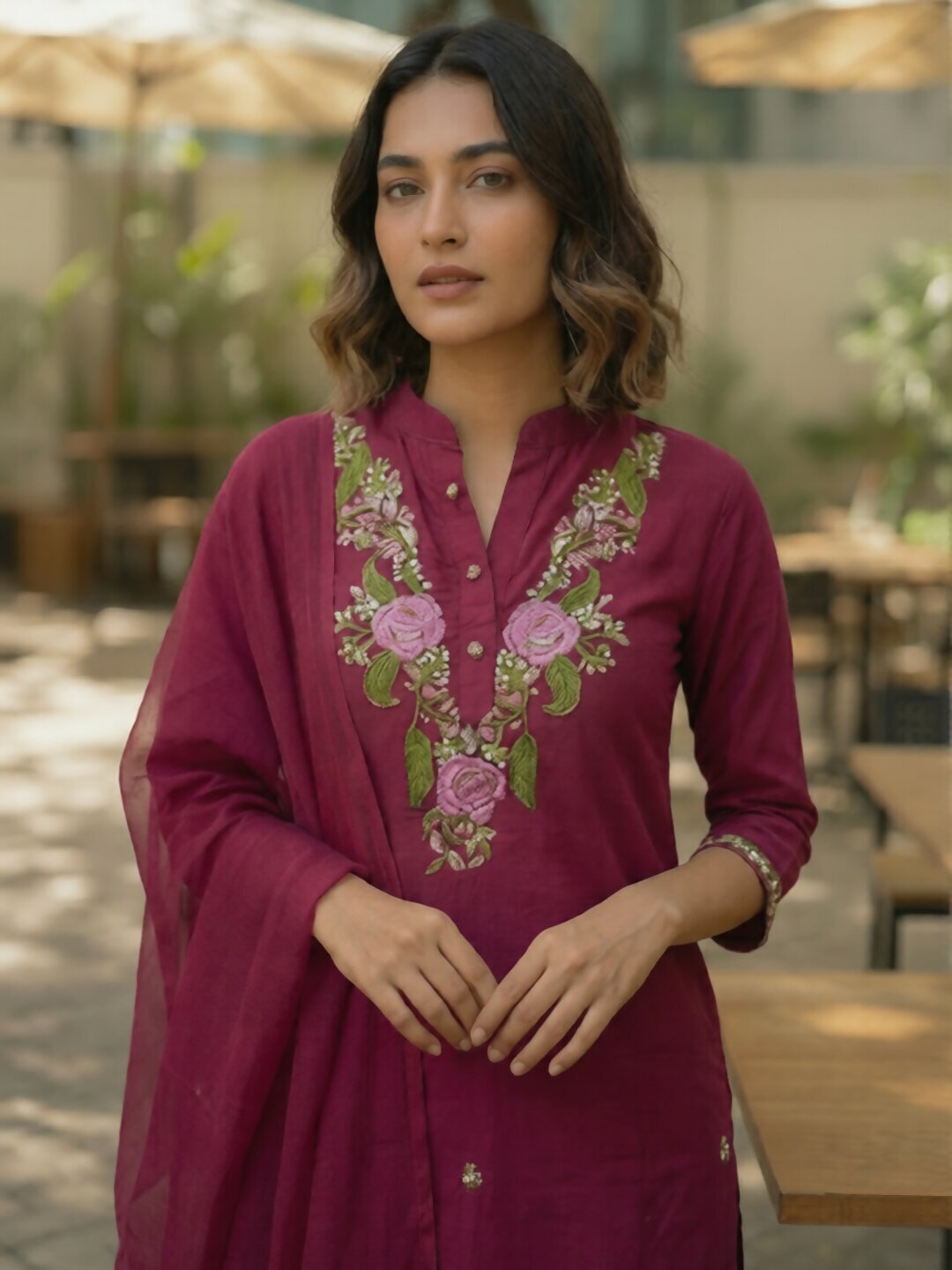 Maroon Floral Embroidered 3 Piece Kurta Set for Women with Dupatta | Elegant Wine Color Kurti Pant Set | Festive Wear, Wedding & Party Ethnic Suit