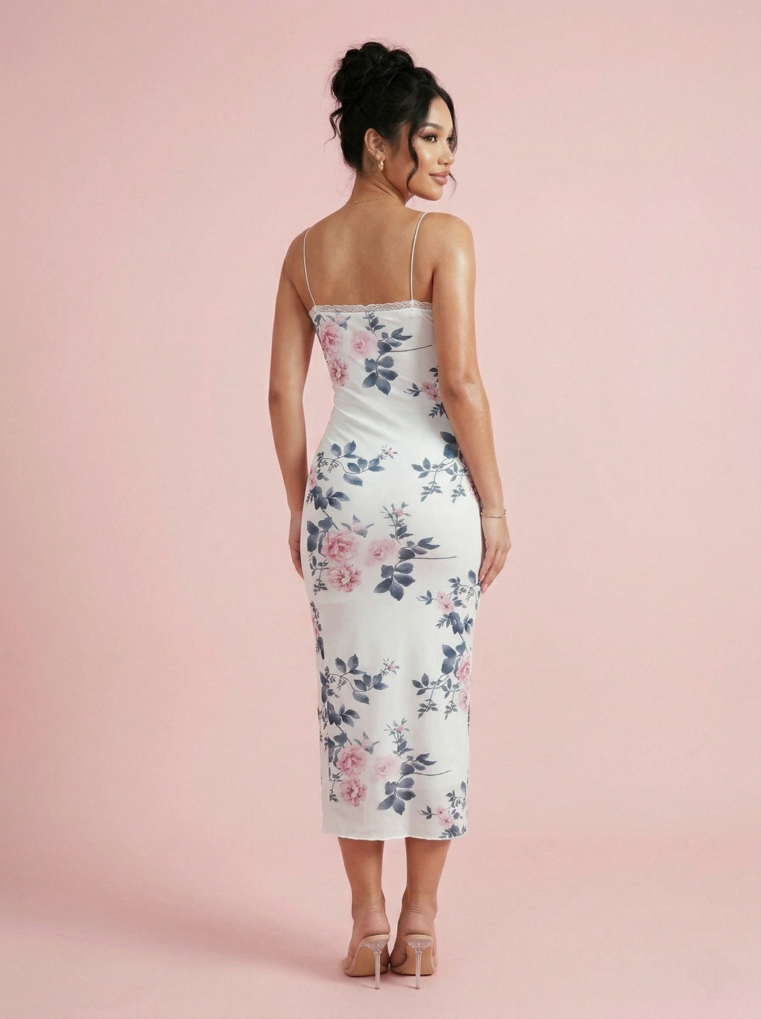 White Floral Bodycon Midi Dress for Women | Lycra Stretch Digital Print Western Dress for Party & Casual Wear