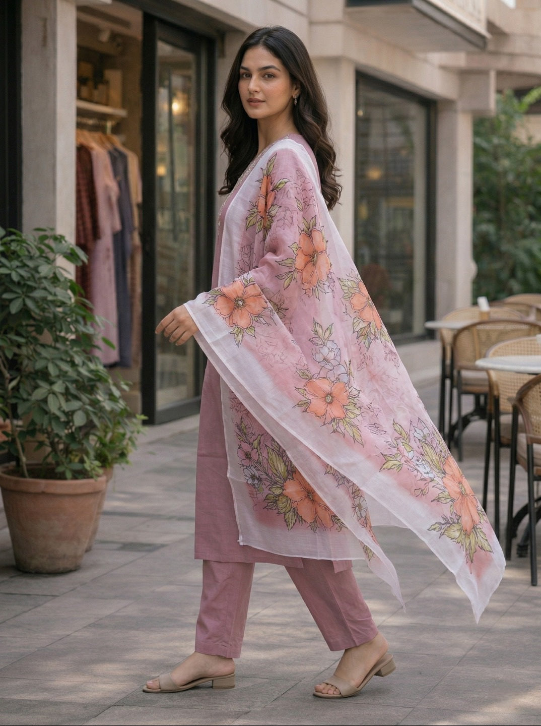 Women Rayon Slub Kurta Set with Chanderi Floral Digital Print Dupatta | Elegant Ethnic Suit Set