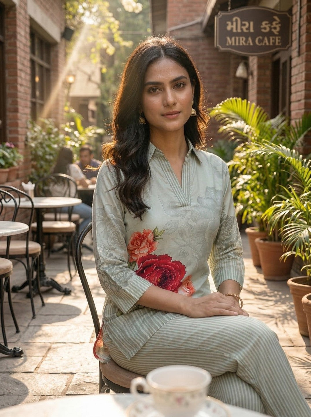 Women Sage Green Floral Printed Co-Ord Set | Straight Kurta & Striped Pant Set | Casual Ethnic Wear