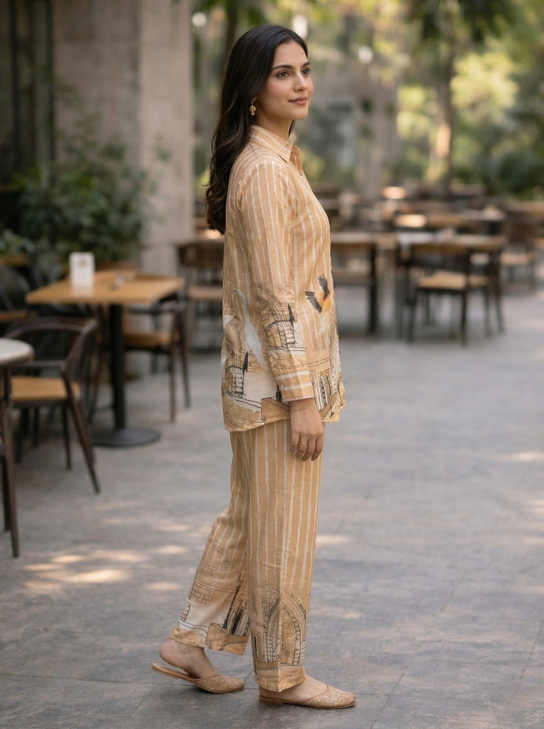 Women Mustard Printed Co-Ord Set | Shirt Style Kurta & Striped Pants | Trendy Casual Ethnic Wear