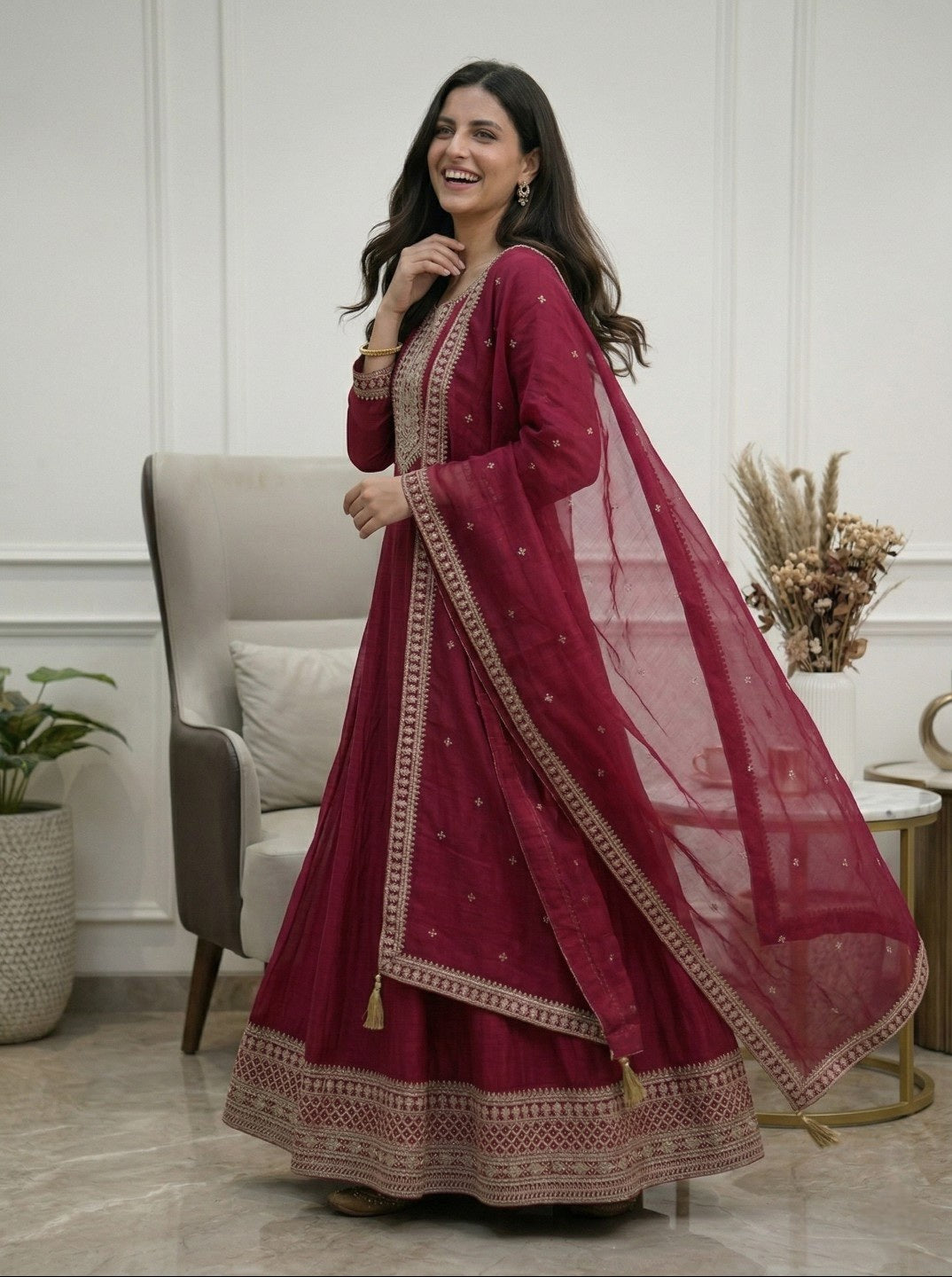 Dark Pink Pure Vichitra Silk Anarkali Kurta Set with Dupatta | Heavy Embroidered Party Wear Gown Set for Women