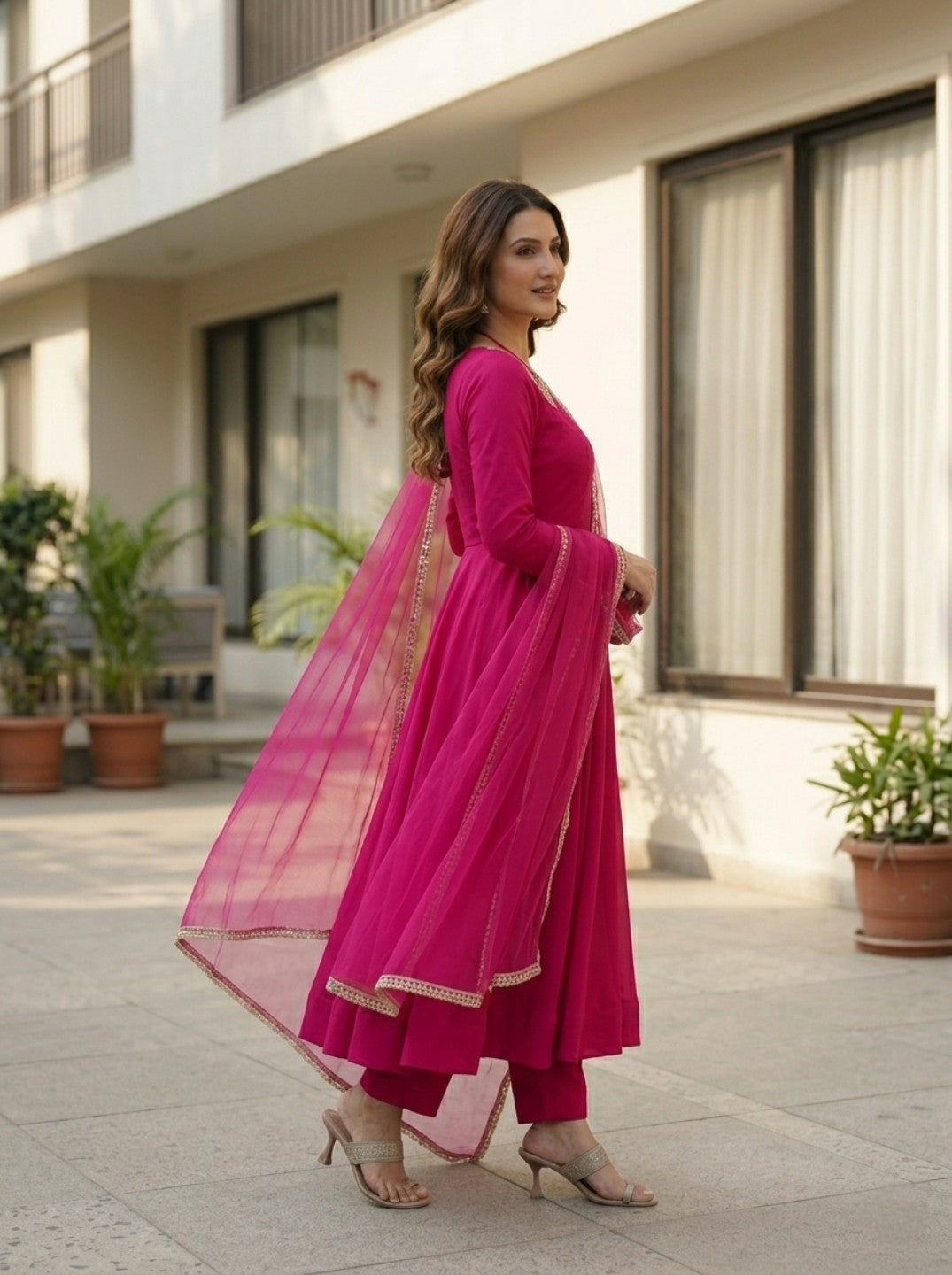 Anarkali Kurta Set with Net Dupatta | Roman Silk Chanderi Festive Wear for Women