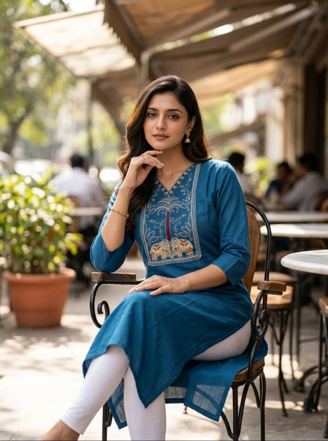 Women Tealblue Embroidered Rayon Slub Straight Kurti | Ethnic Casual Office Wear Kurta