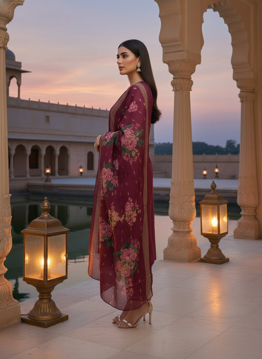 Maroon Ethnic Motifs Embroidered Straight Kurta with Trousers and Dupatta in Cotton Blend Fabric