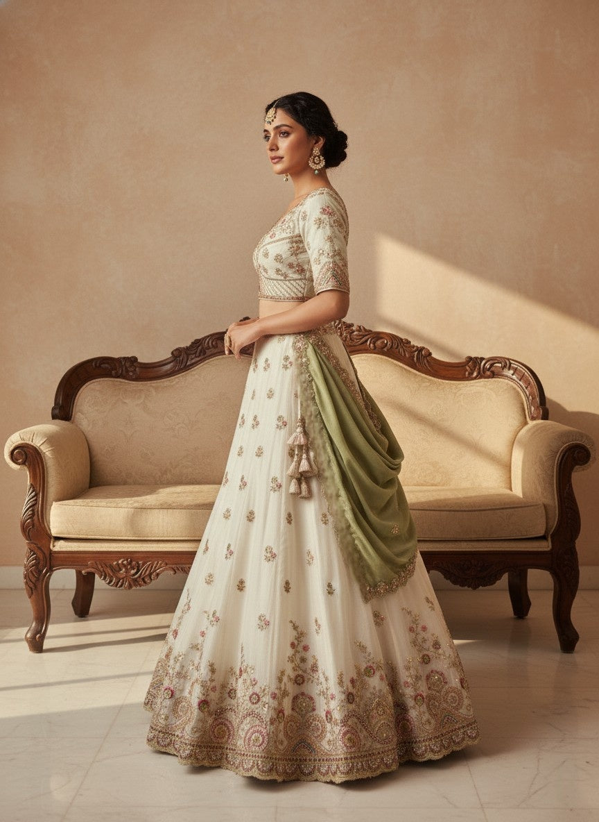 Ivory Viscose Tissue Lehenga with Pista Green Fendi Dupatta – Fully Stitched Designer Festive Wear