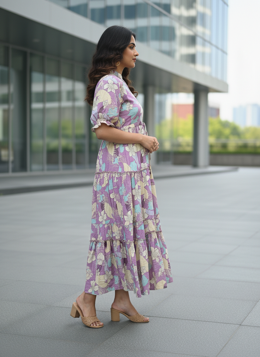 Floral Printed Tiered Kurti with Flowy Silhouette and – Comfortable Everyday Ethnic Style