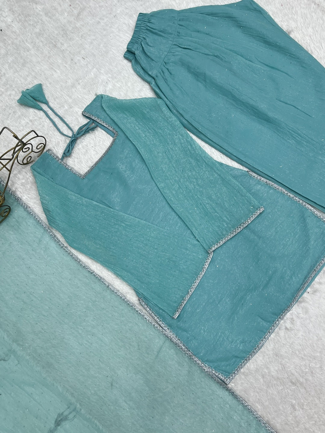 Women Crunchy Silk Kurta Set with Farshi Salwar & Dupatta | Sirovski Work Ethnic Suit