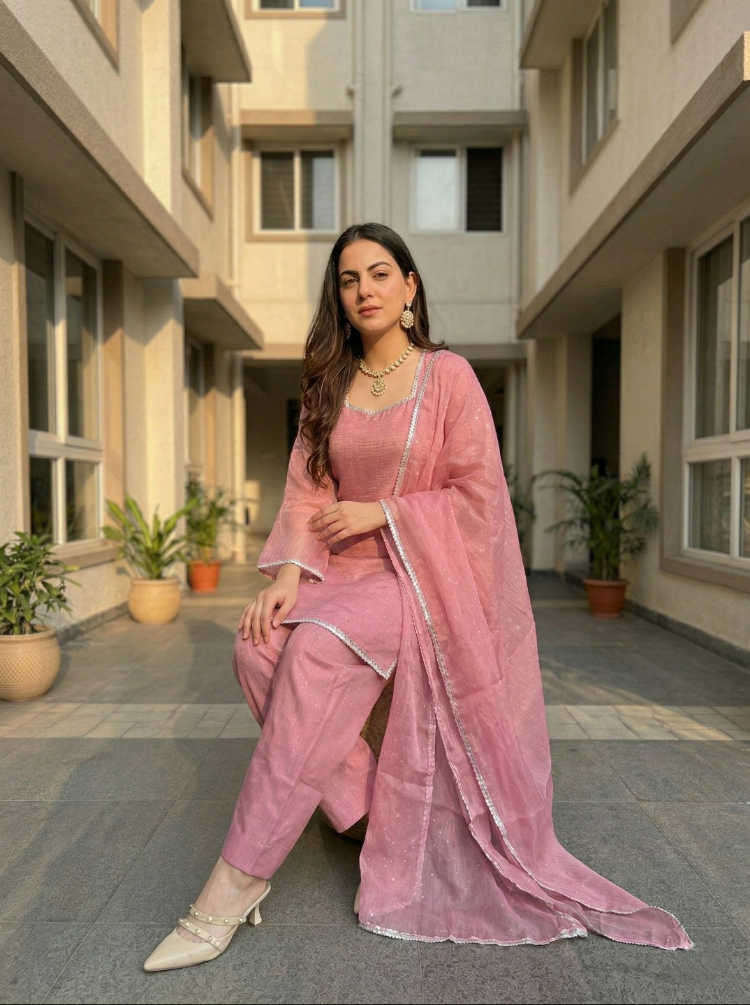 Women Crunchy Silk Kurta Set with Farshi Salwar & Dupatta | Festive Ethnic Wear