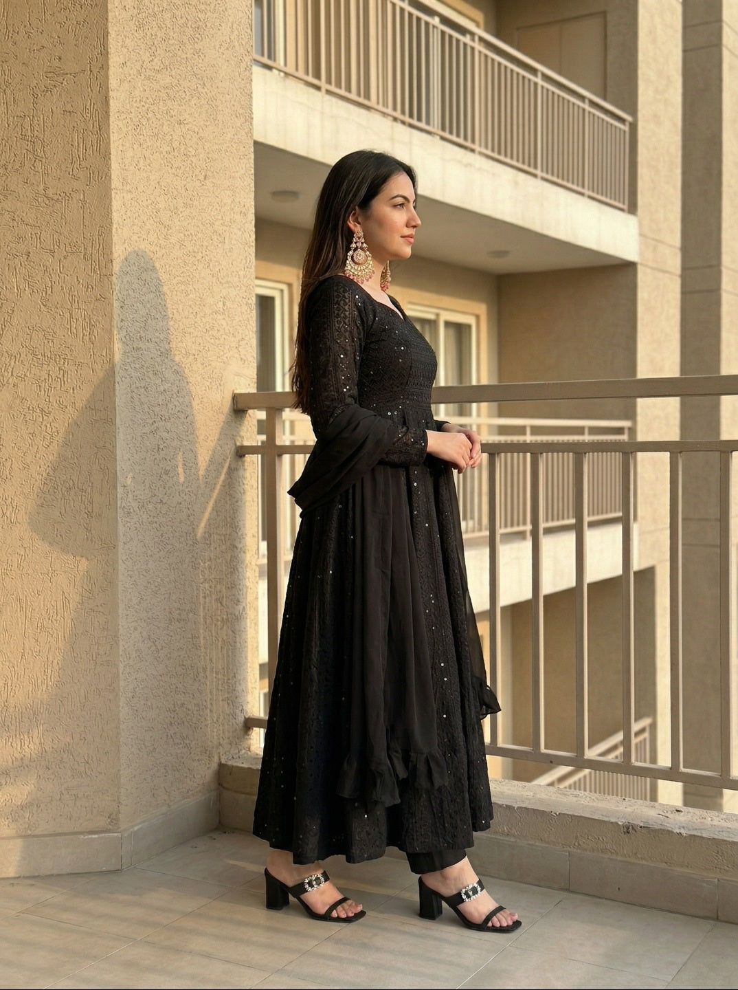 Lucknowi Georgette Anarkali Suit Set with Dupatta | Heavy Sequence Work Ethnic Wear for Women