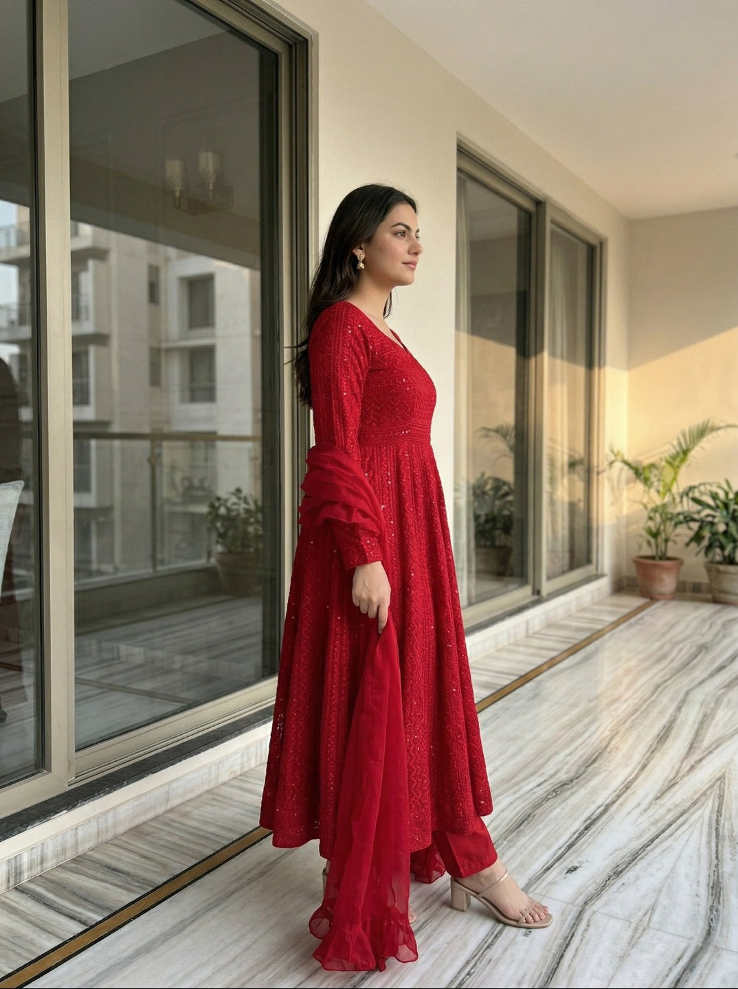 Lucknowi Georgette Anarkali Suit Set with Dupatta | Heavy Sequence Work Ethnic Wear for Women