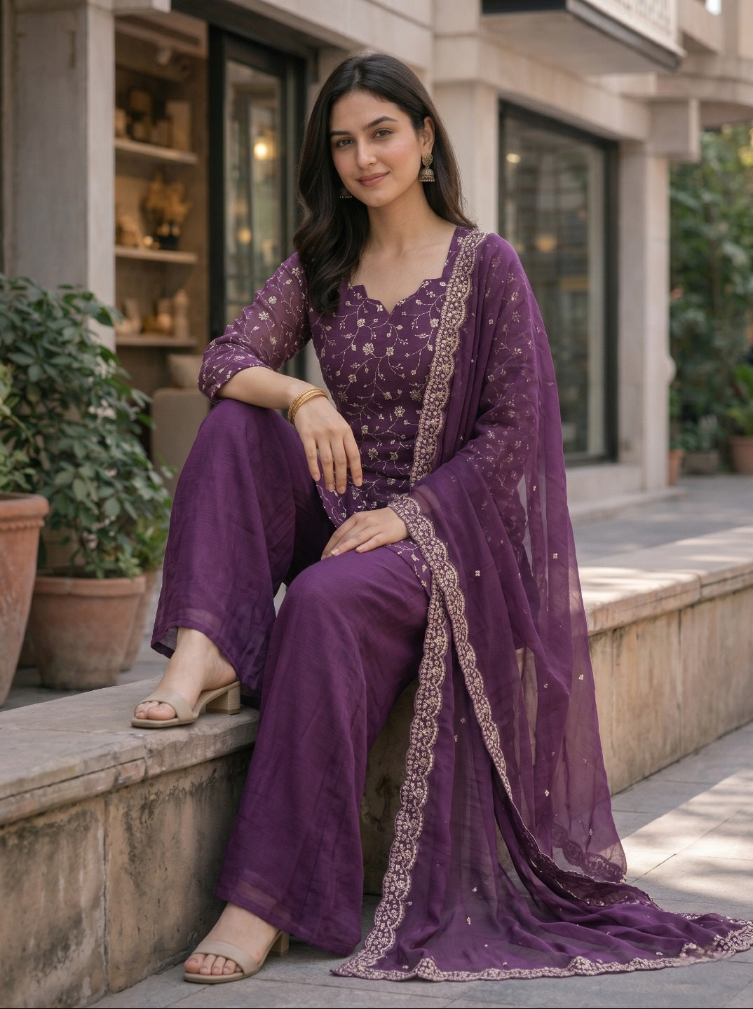 Purple Embroidered Crunchy Silk Kurta Set with Dupatta | Elegant Festive & Wedding Wear for Women