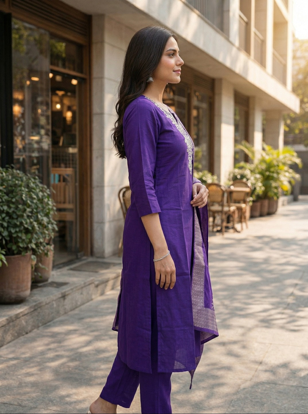Purple Ethnic Kurta Set with Dupatta – Back View – Zivraa