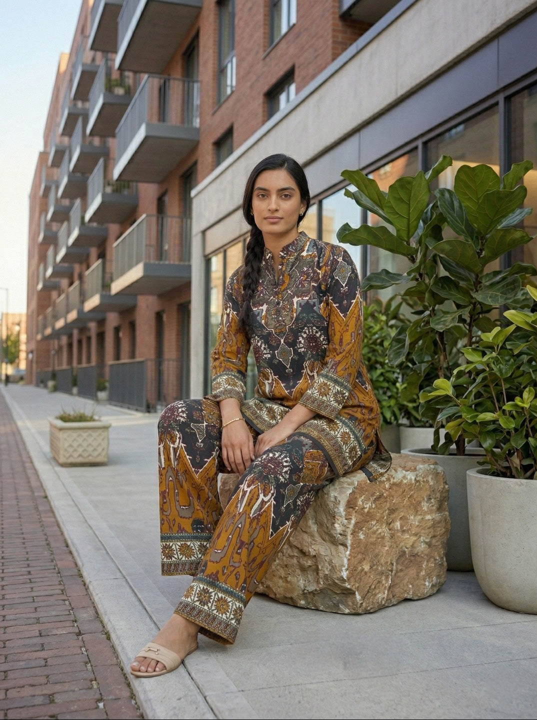 Abstract Printed Co-Ord Set with Mandarin Collar Top and Elasticated Trousers for Casual & Festive Wear