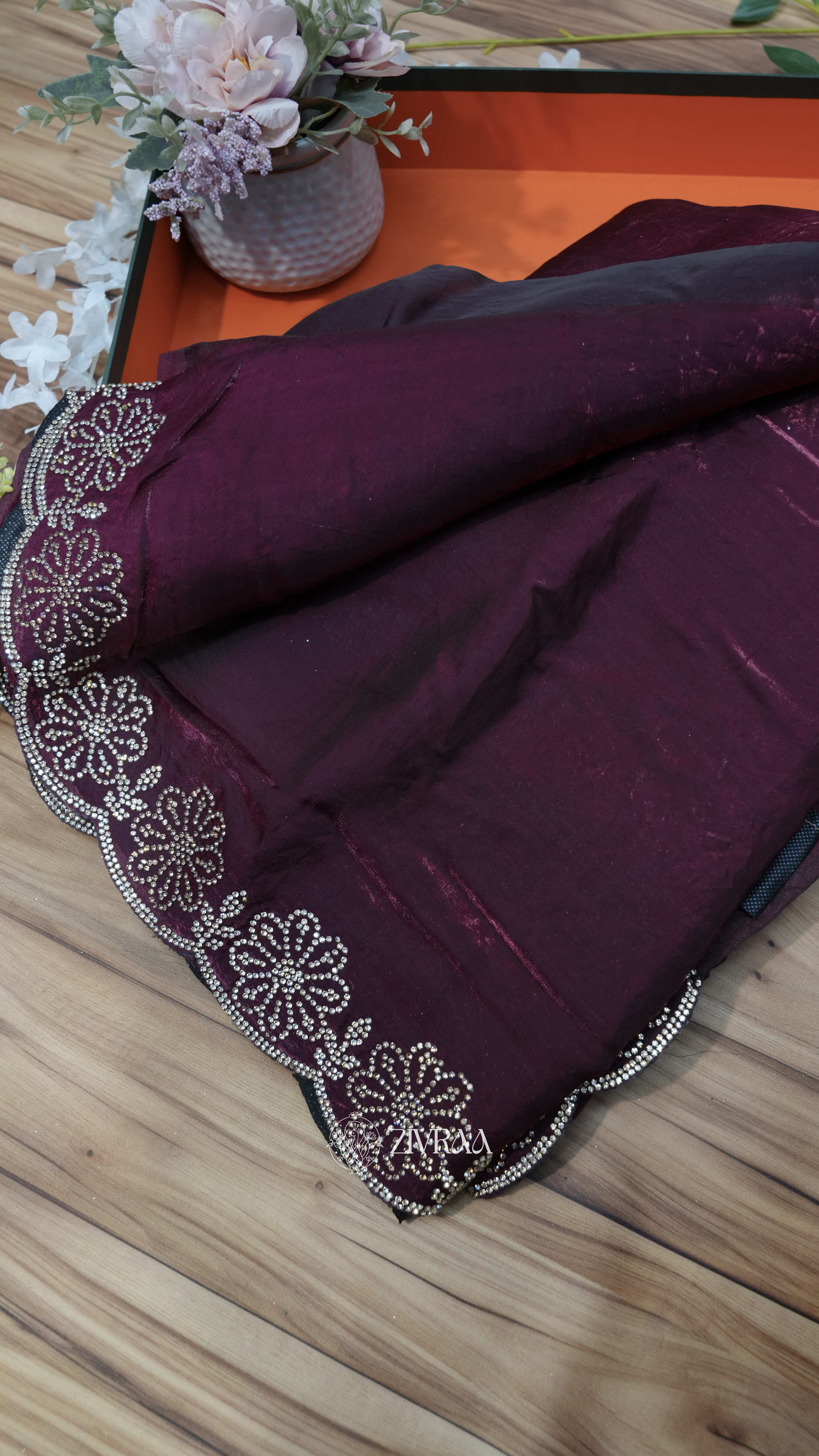 Elegant Rani Pink Saree with Floral Stone Embellished Border