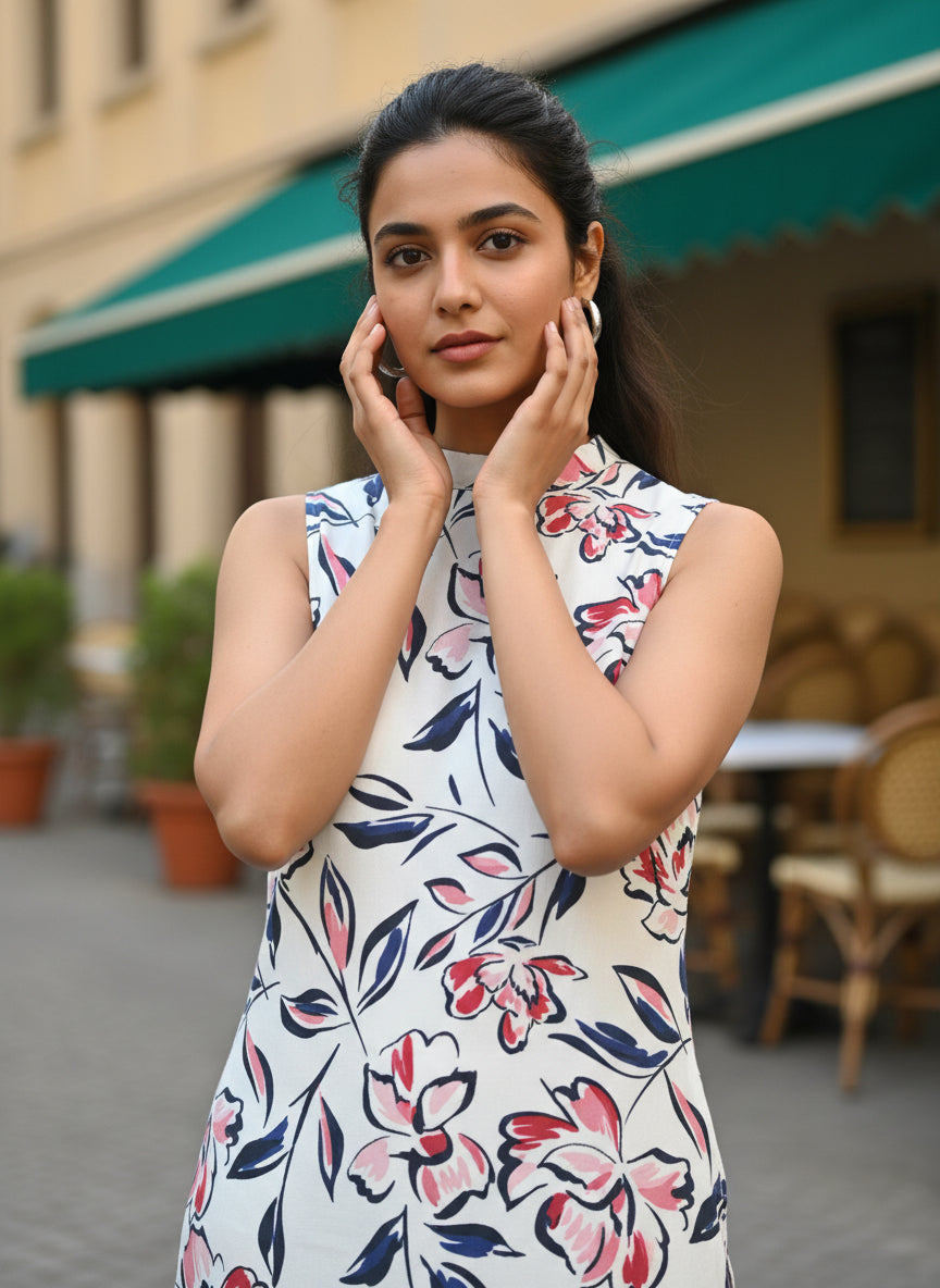 Women Floral Printed 2 Piece Kurta Set with Pants | Sleeveless Straight Kurti Set | Casual Summer Ethnic Wear for Women