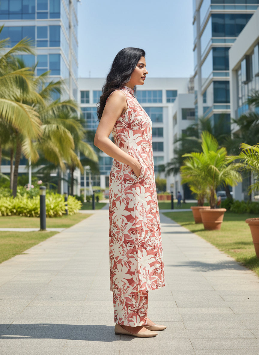 Floral Printed 2-Piece Kurta Set – Sleeveless Straight Kurta with Matching Bottom | Summer Ethnic Wear