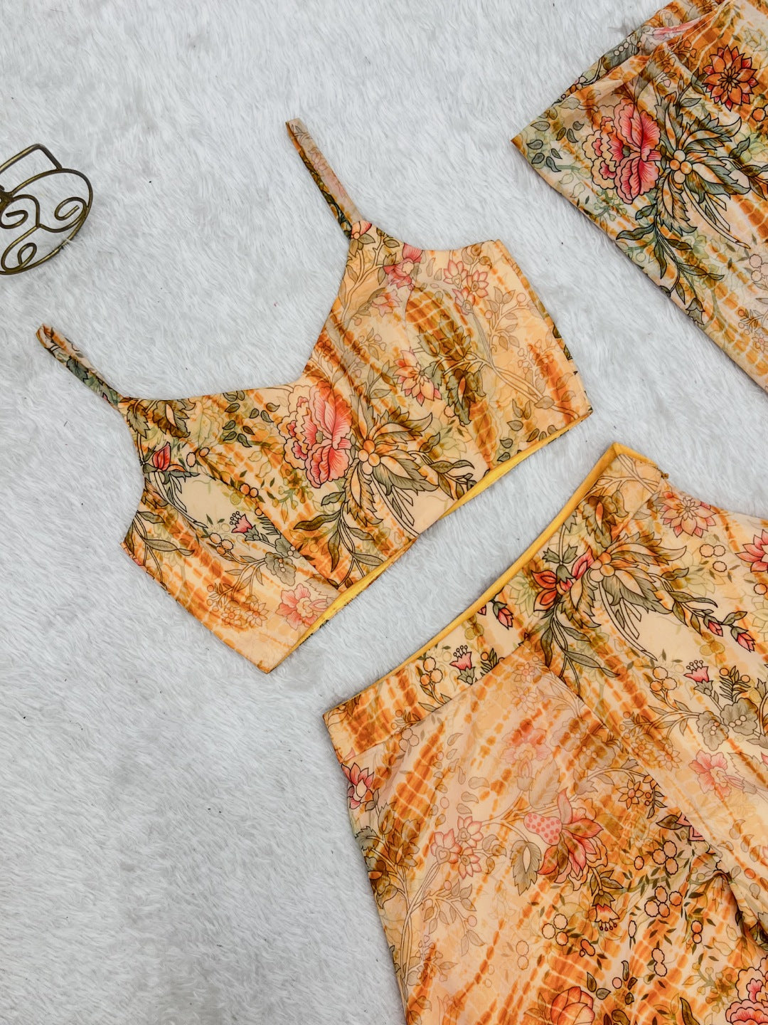 Yellow Floral Printed Georgette Indo Western Co-Ord Set with Shrug | Crop Top Palazzo Set for Women