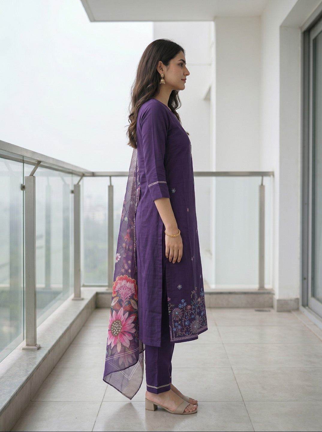 Purple Roman Silk Embroidered Kurta Set with Organza Chanderi Dupatta | Elegant Ethnic 3 Piece Suit Set for Women