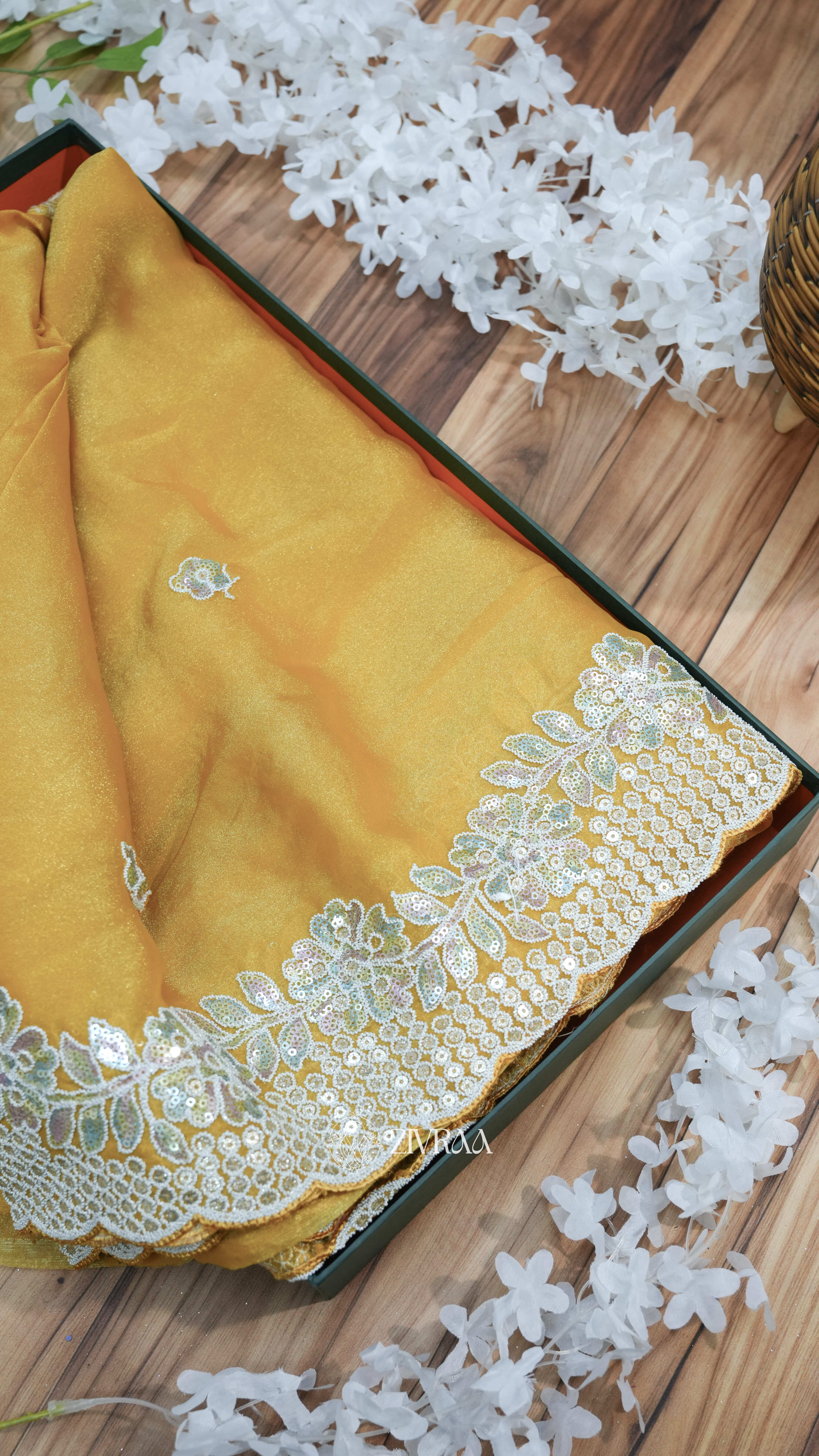 Mustard Yellow Embroidered Saree with Elegant Lace Border