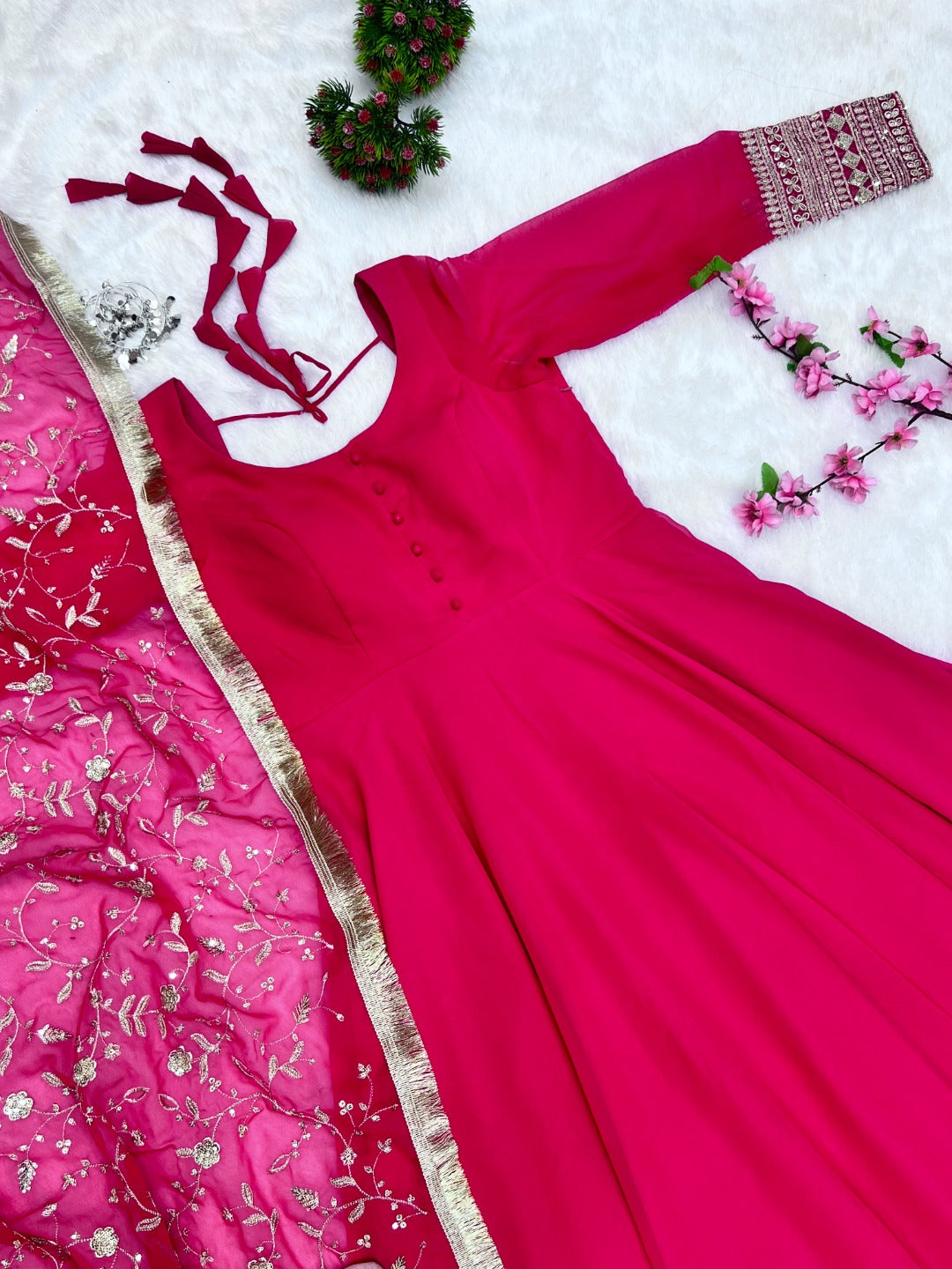 Georgette Anarkali Gown Set with Embroidered Dupatta & Pant – Festive Wear | Fully Stitched