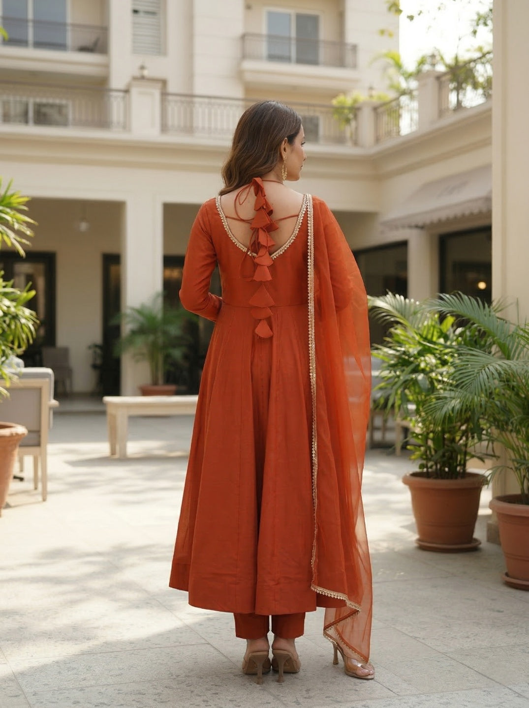 Anarkali Kurta Set with Net Dupatta | Roman Silk Chanderi Festive Wear for Women